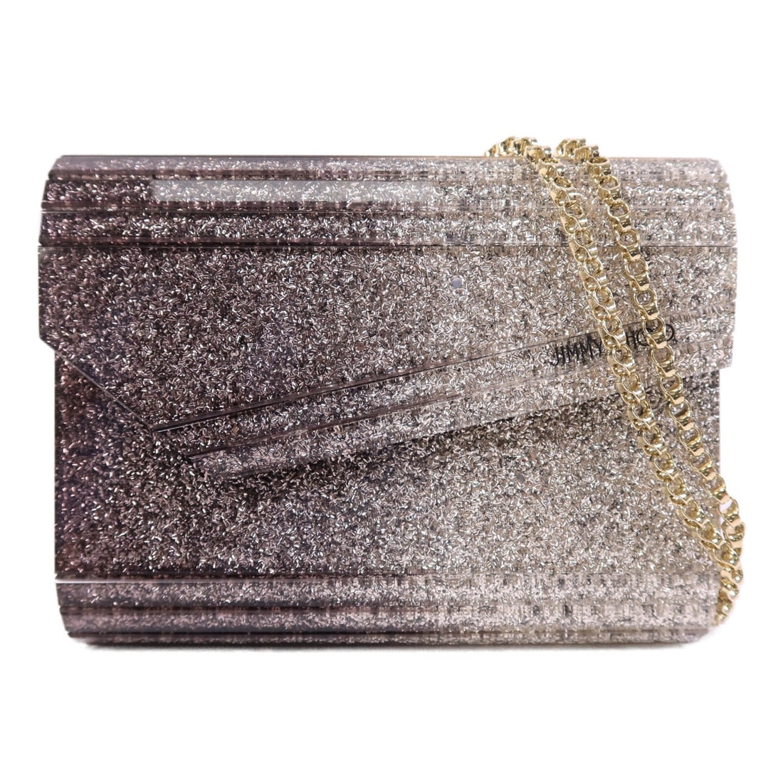 Jimmy Choo Candy Glitter Acrylic Silver Shoulder Bag GHW: Jimmy Choo Candy Glitter Acrylic Silver Shoulder Bag GHW This Jimmy Choo Candy Glitter Clutch is a stylish chain shoulder bag crafted from acrylic in a silver color. Featuring a structured silhouette,