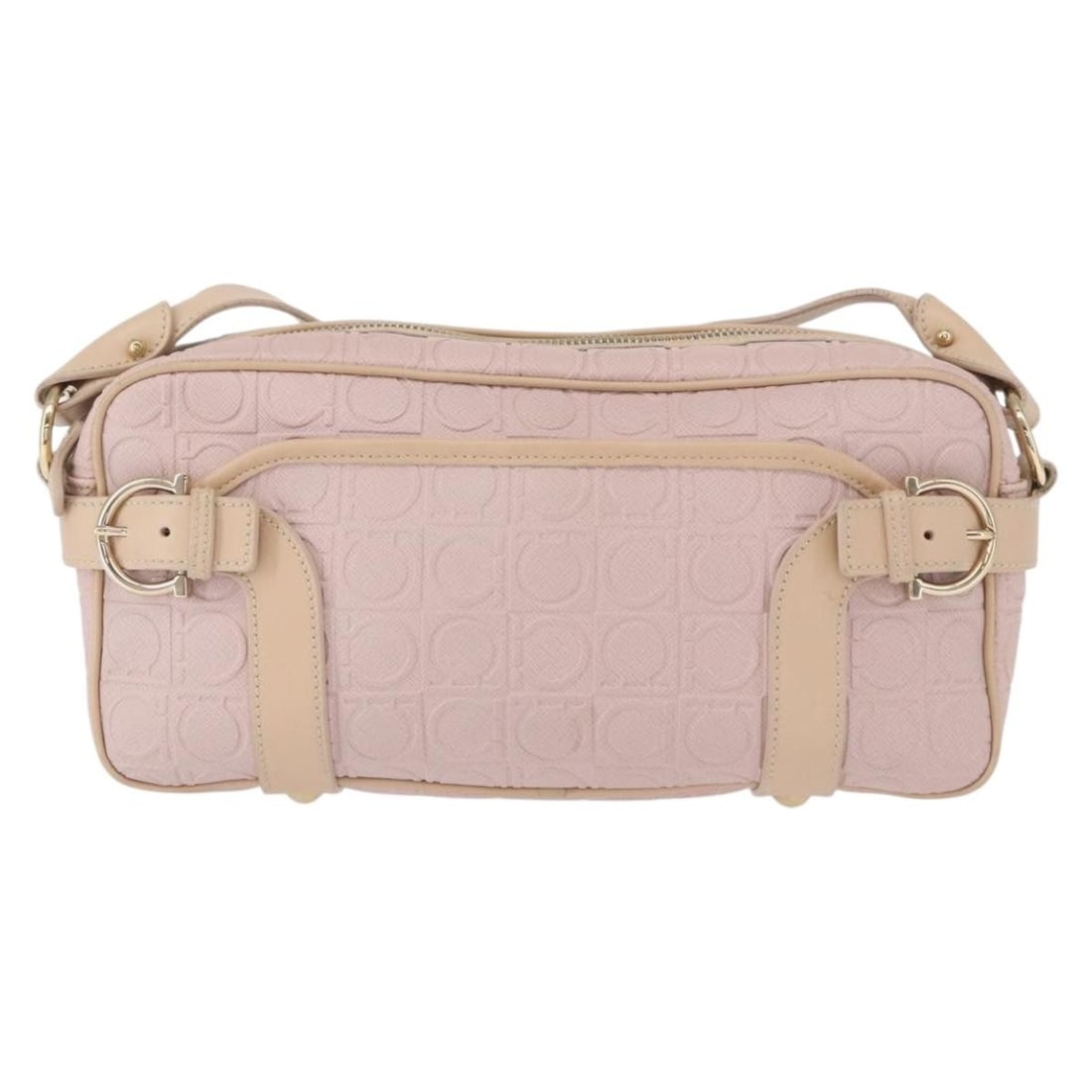 Pink Leather Gancini Shoulder Bag by Salvatore Ferragamo: Pink Leather Gancini Shoulder Bag by Salvatore Ferragamo This Salvatore Ferragamo Gancini shoulder bag for women is crafted from pink leather and made in Italy. It features a shoulder strap and metal 