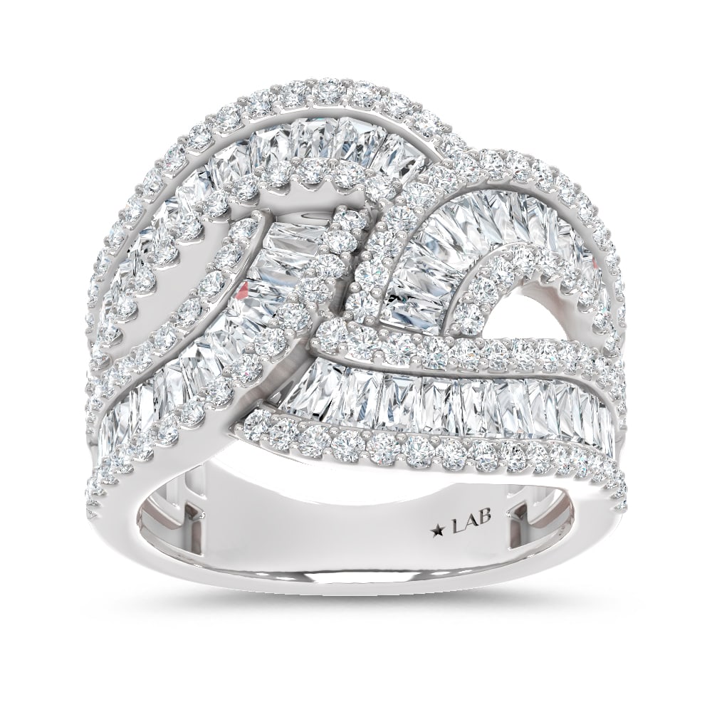 14K White Gold Lab Grown Diamond 2 3/8 Ct.Tw. Round and Tapper Fashion Ring: 14K White Gold Lab Grown Diamond 2 3/8 Ct.Tw. Round and Tapper Fashion Ring 14k White Gold Stone Color: D-f Stone Clarity: Vs Each ring is presented in standard size 6.5. Complimentary resizing is ava