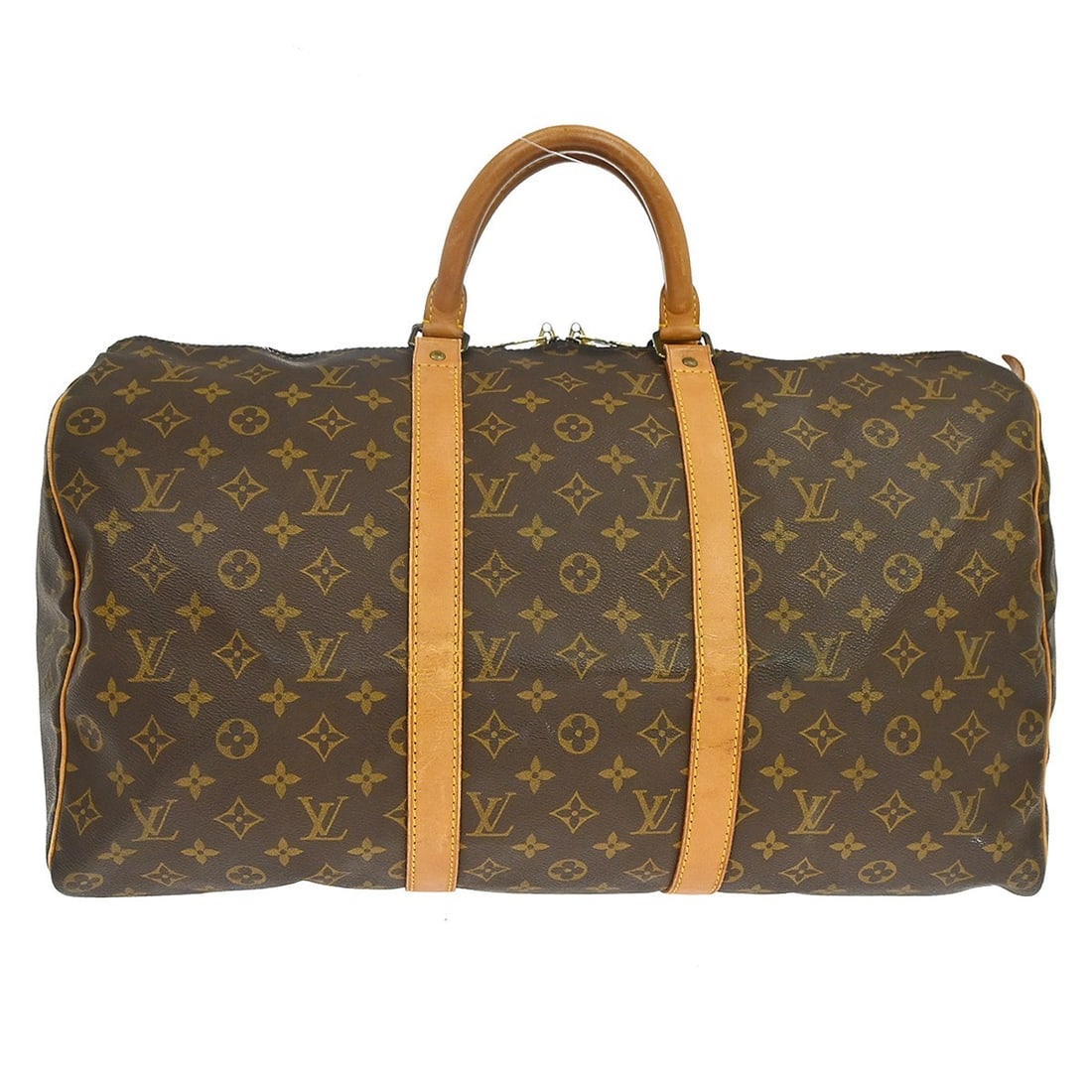 Louis Vuitton Keepall Travel Bag Monogram Canvas 50cm x 29cm x 22cm: Louis Vuitton Keepall Travel Bag Monogram Canvas 50cm x 29cm x 22cm This Louis Vuitton Keepall Bag features the iconic Monogram canvas in brown and is designed for unisex use. The bag shows visible si