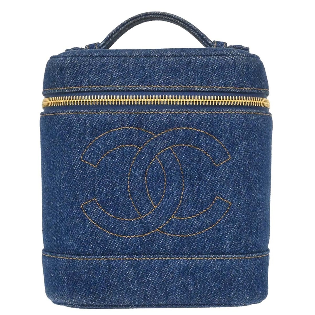 CHANEL Blue Denim Vanity Cosmetic Handbag: CHANEL Blue Denim Vanity Cosmetic Handbag This Chanel Blue Denim Timeless Vanity Handbag features a medium-sized silhouette crafted from blue denim with caviar skin leather handles and leather lining.