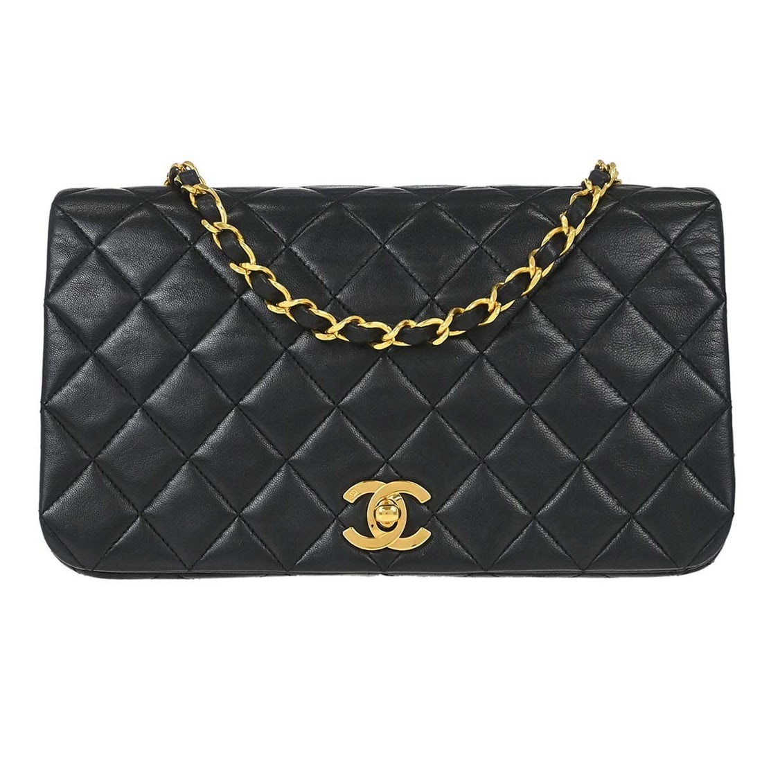 CHANEL Matelasse Lambskin Single Chain Shoulder Bag Black: CHANEL Matelasse Lambskin Single Chain Shoulder Bag Black This Chanel Small Full Flap Shoulder Bag is crafted from luxurious black lambskin leather and features a classic matelasse quilted pattern. Th
