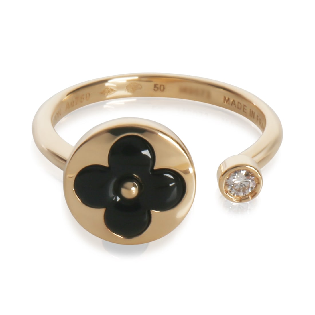 Louis Vuitton 18k Yellow Gold Color Blossom Mini Sun Ring with Onyx and Diamonds: Louis Vuitton 18k Yellow Gold Color Blossom Mini Sun Ring with Onyx and Diamonds This Louis Vuitton Color Blossom Mini Sun ring features a round brilliant onyx as the main stone, accented by diamonds 