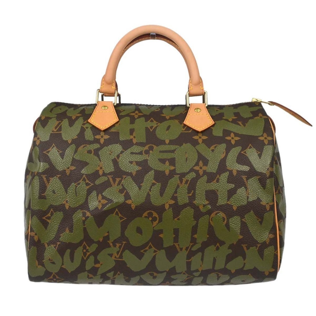 Louis Vuitton Speedy 30 Graffiti Canvas Duffle Bag Khaki Green: Louis Vuitton Speedy 30 Graffiti Canvas Duffle Bag Khaki Green This Louis Vuitton Speedy 30 handbag features the iconic Monogram Graffiti canvas in a striking khaki green. Designed in a medium size wi