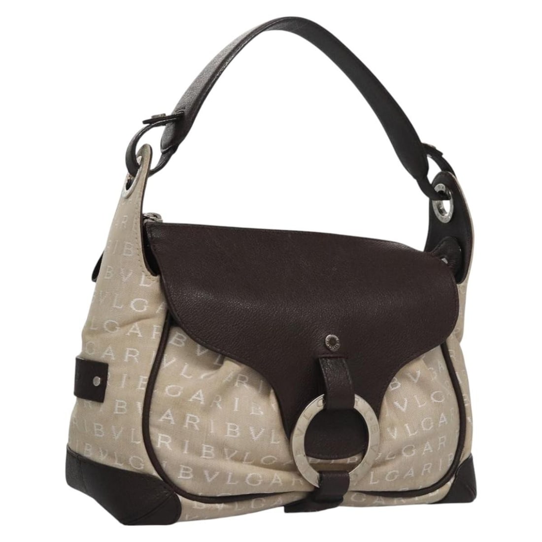 BVLGARI Canvas and Leather Women's Handbag in Beige Brown and Silver: BVLGARI Canvas and Leather Women's Handbag in Beige Brown and Silver This BVLGARI women's handbag features a beige, brown, and silver canvas exterior with leather accents. Made in Italy, the bag offer