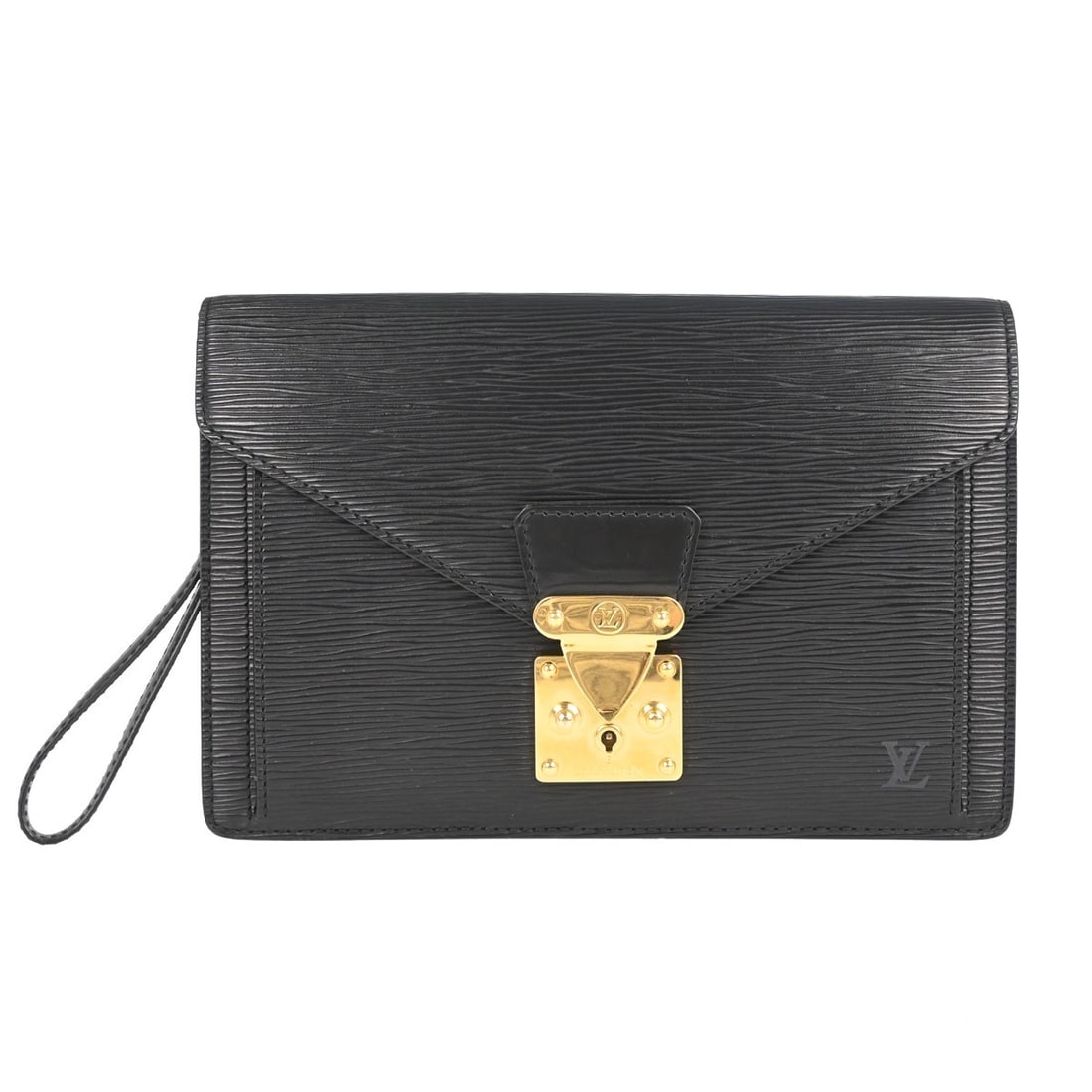 Louis Vuitton Dragonne Epi Leather Wristlet Clutch Black M52612: Louis Vuitton Dragonne Epi Leather Wristlet Clutch Black M52612 This vintage Louis Vuitton Epi Pochette Serie Dragonne clutch bag features a black Epi leather exterior with gold-tone hardware and a wr