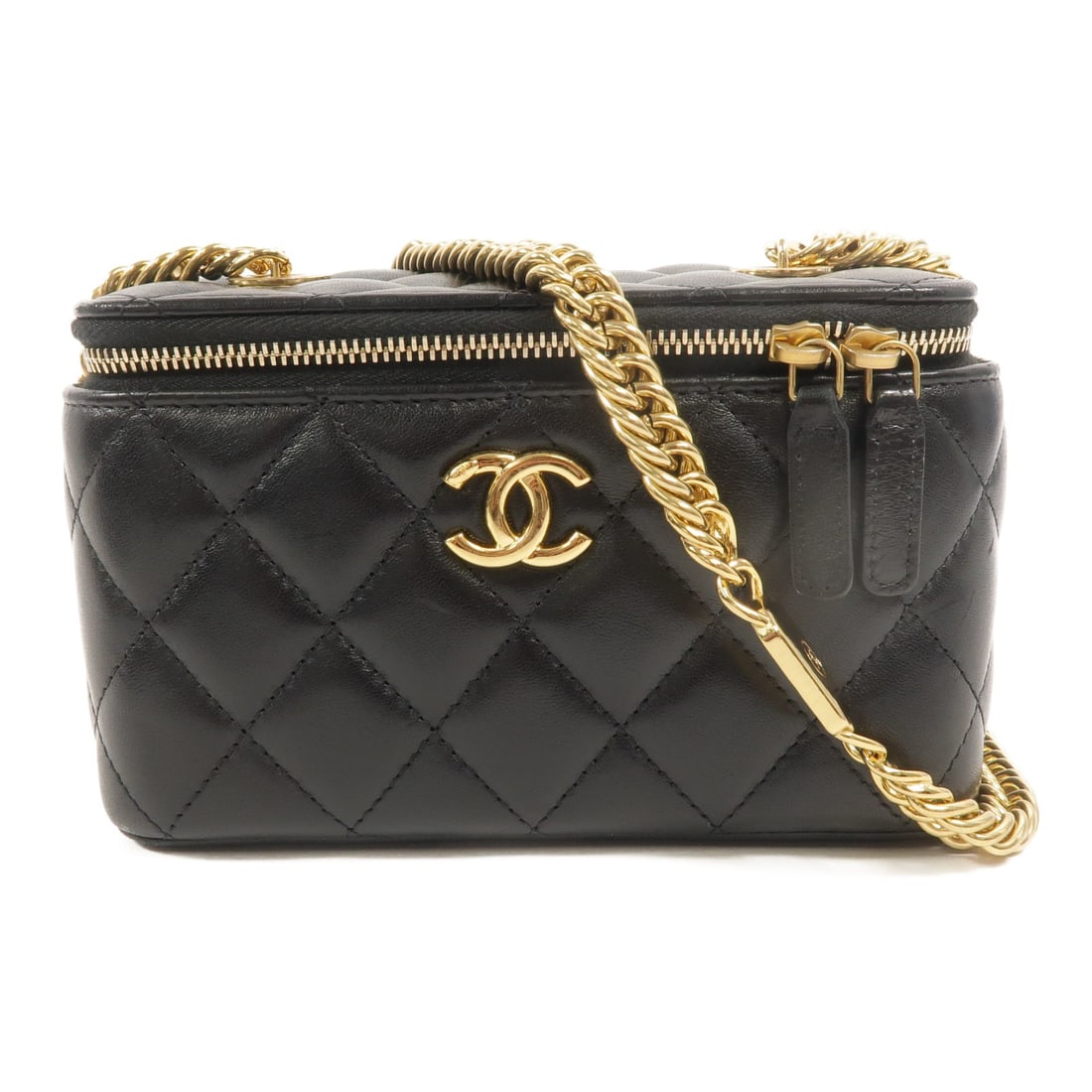 CHANEL Vanity Case Black Lambskin Chain Shoulder Bag AP3120 GHW: CHANEL Vanity Case Black Lambskin Chain Shoulder Bag AP3120 GHW This CHANEL CC Vanity Case Chain Shoulder Bag features luxurious black lambskin leather and gold-tone hardware. Designed as a compact sh