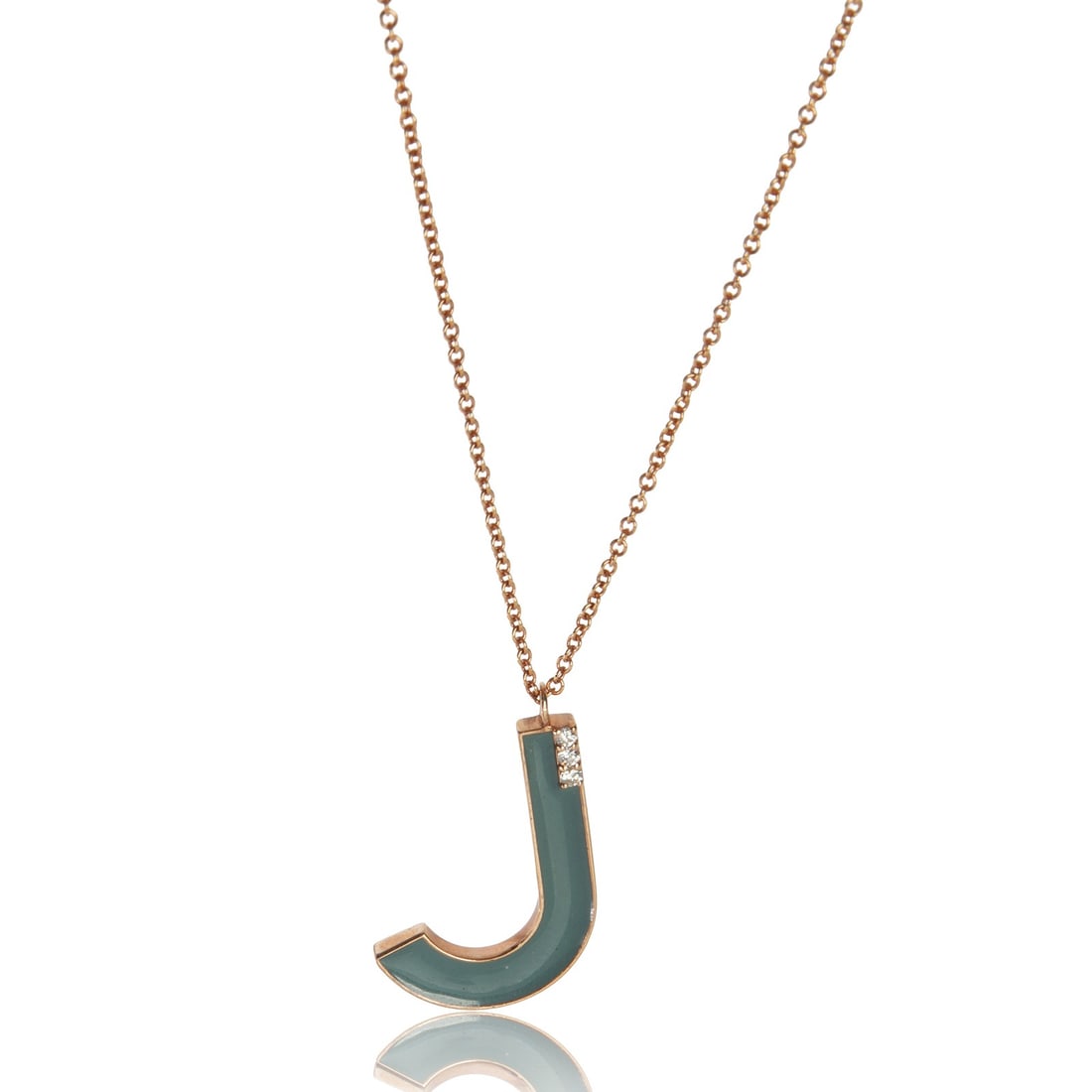 14K Rose Gold Large Blue Enamel Initial J Diamond Pendant: 14K Rose Gold Large Blue Enamel Initial J Diamond Pendant This stunning pendant showcases a round brilliant diamond set in luxurious 14K rose gold, featuring a captivating large blue enamel initial 'J