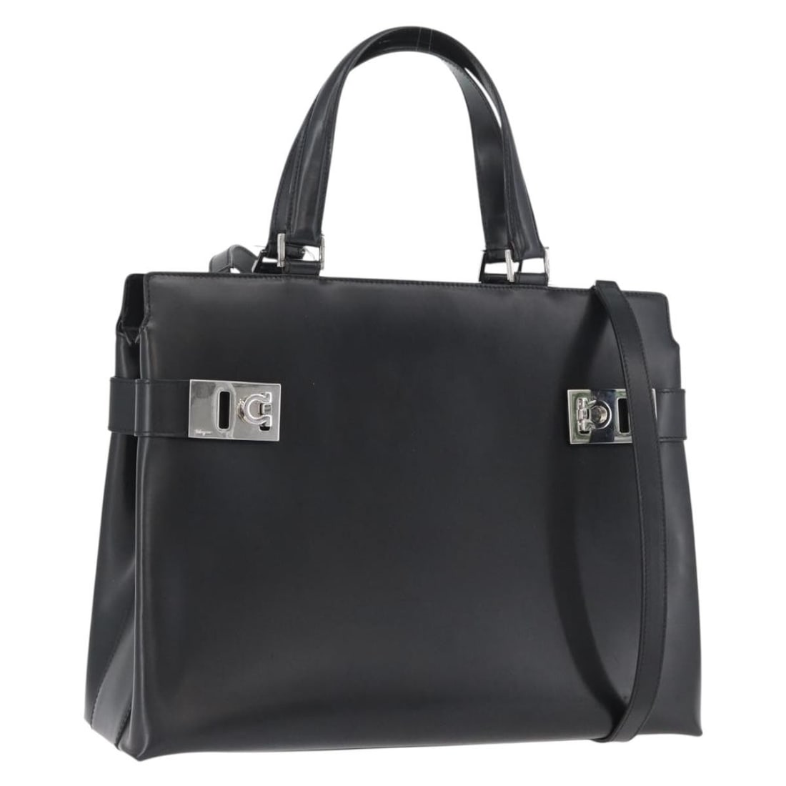 Salvatore Ferragamo Black Leather 2way Shoulder and Handbag with Silver Accents: Salvatore Ferragamo Black Leather 2way Shoulder and Handbag with Silver Accents This Salvatore Ferragamo two-way handbag is crafted from black leather with silver-tone accents. Designed for women, it 