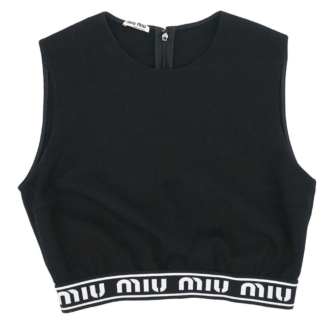 Miu Miu Black Sleeveless Logo Tank Top Size L: Miu Miu Black Sleeveless Logo Tank Top Size L This Miu Miu sleeveless tank top features a classic round neckline and a regular fit, perfect for casual summer occasions. Crafted from a blend of rayon, 
