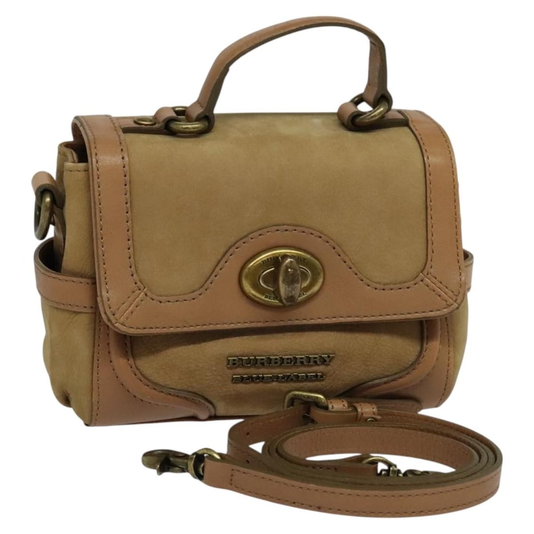 Burberry Blue Label Beige Suede Two Way Handbag with Shoulder Strap: Burberry Blue Label Beige Suede Two Way Handbag with Shoulder Strap This BURBERRY Blue Label handbag features a beige suede leather exterior and offers versatile 2-way styling with both a handle and a
