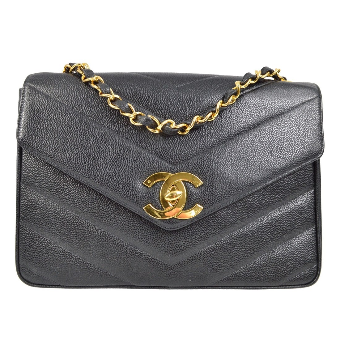 Chanel Jumbo Caviar Skin Quilted Flap Shoulder Bag Black: Chanel Jumbo Caviar Skin Quilted Flap Shoulder Bag Black This Chanel Classic Flap Jumbo Shoulder Bag features luxurious black caviar skin leather in a chevron quilted pattern. It is designed with a tu