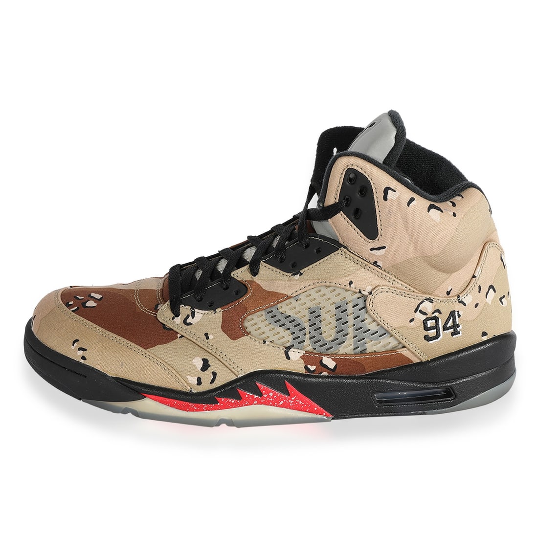 Air Jordan Supreme Collaboration Desert Camo Fabric Sneakers with Box Size 14: Air Jordan Supreme Collaboration Desert Camo Fabric Sneakers with Box Size 14 The Supreme x Air Jordan 5 Retro 'Desert Camo' is a men's lifestyle sneaker featuring a fabric upper in a distinctive beig