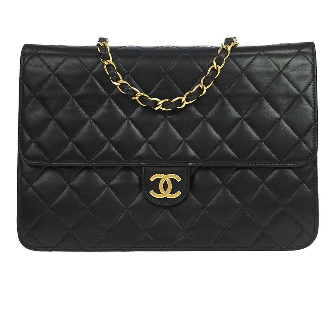 CHANEL Classic Flap Black Lambskin Medium Shoulder Bag: CHANEL Classic Flap Black Lambskin Medium Shoulder Bag This Chanel Classic Single Flap Shoulder Bag features luxurious black lambskin leather and a sleek pushlock turn lock closure. Designed in a medi