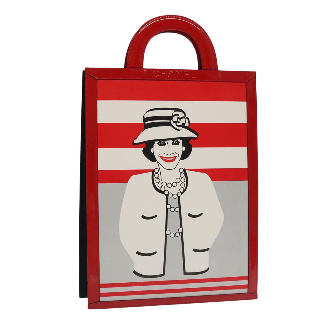 Chanel Vintage Portrait Tote Red Leather: Chanel Vintage Portrait Tote Red Leather This Chanel Vintage Portrait Tote features a striking printed leather exterior combined with quilted patent detailing for a sophisticated look. The tote is cra