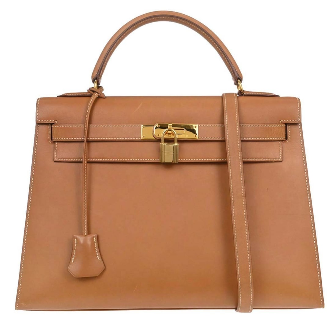 Hermes Kelly 32 Chamonix Leather Top Handle Bag Gold Hardware: Hermes Kelly 32 Chamonix Leather Top Handle Bag Gold Hardware This Hermes Kelly 32 Sellier 2-way handbag is crafted from natural Chamonix leather in a beige tone, featuring a structured silhouette. It