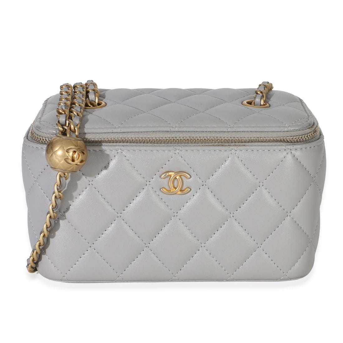 Chanel Small Pearl Crush Vanity Case Gray Quilted Lambskin: Chanel Small Pearl Crush Vanity Case Gray Quilted Lambskin This Chanel Small Pearl Crush Vanity Case is crafted from luxurious grey quilted lambskin leather and features a gold-tone zip-around closure