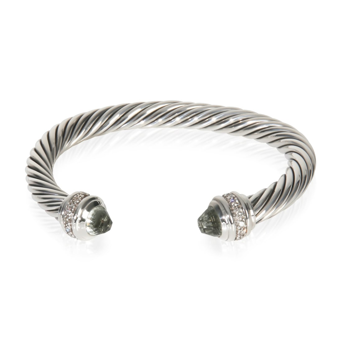 Prasiolite and Diamond Cable Classic Bracelet in Sterling Silver by David Yurman: Prasiolite and Diamond Cable Classic Bracelet in Sterling Silver by David Yurman This David Yurman Cable Classic bracelet is crafted from sterling silver and features a prasiolite main stone accented 