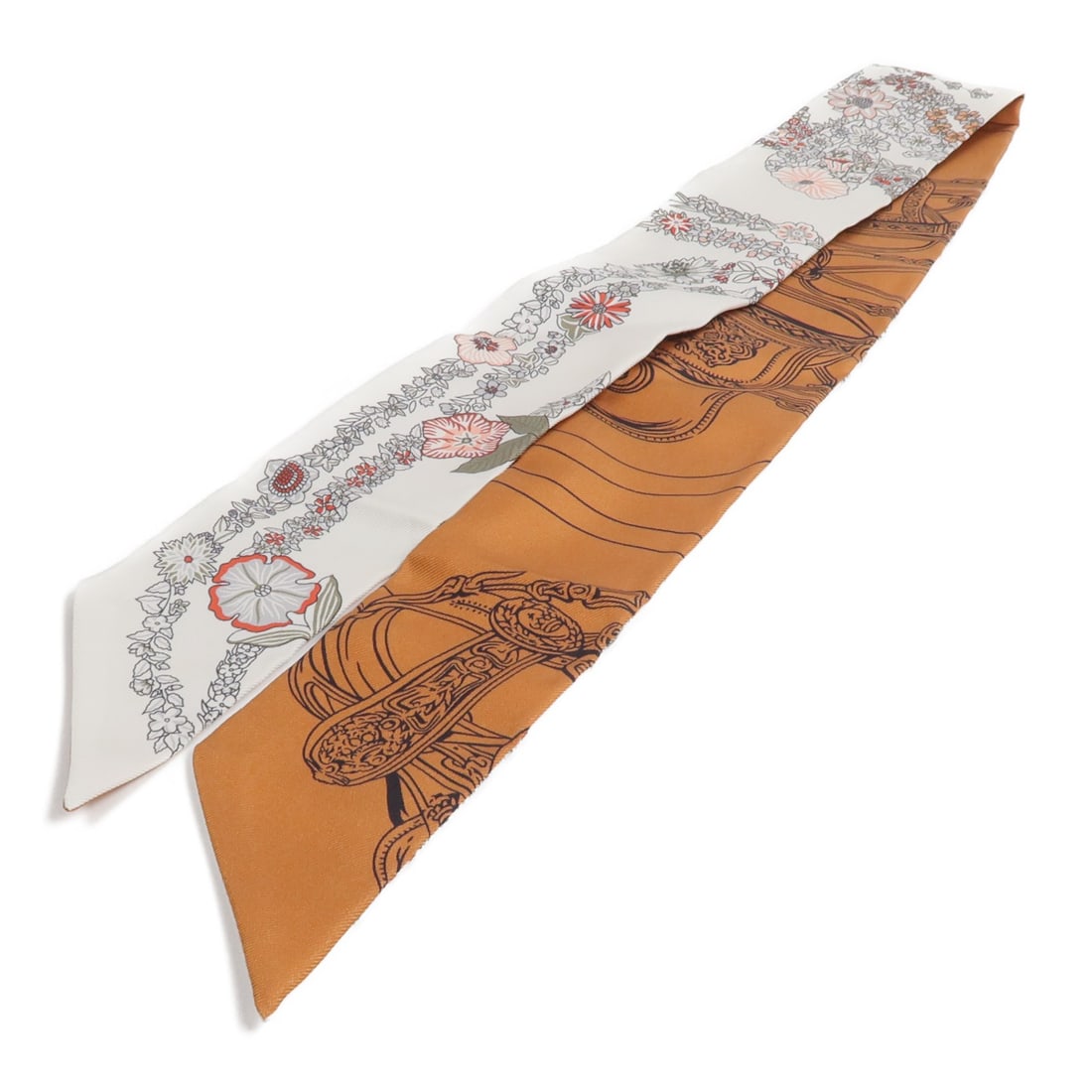 Hermes Brides de Gala en Fleurs Silk Twilly Scarf White Brown Gray: Hermes Brides de Gala en Fleurs Silk Twilly Scarf White Brown Gray This Hermes Brides de Gala en Fleurs Twilly scarf is crafted from silk and features a sophisticated design in white, brown, and gray 