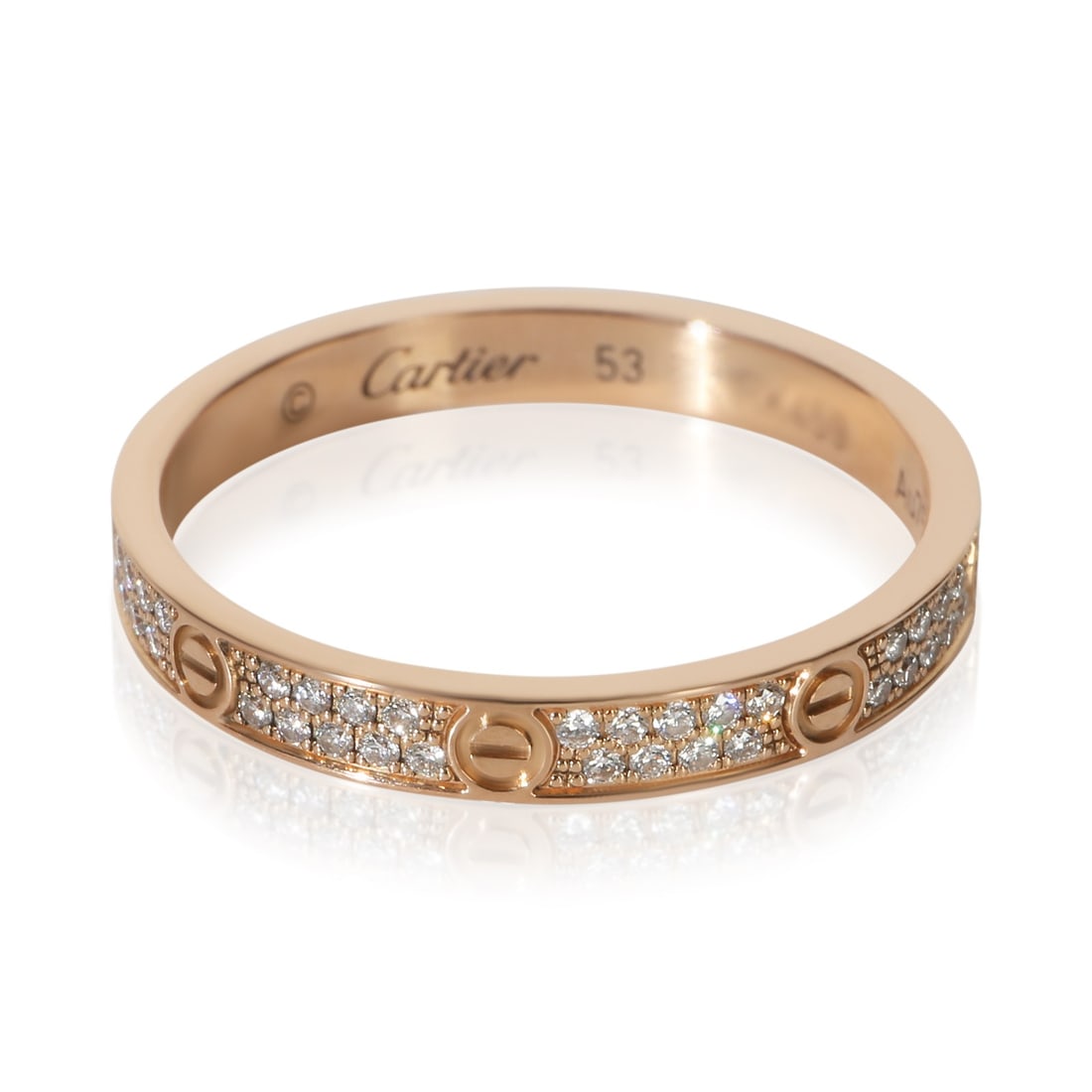 Cartier Love Mini Model Rose Gold Diamond Ring Size 6.25: Cartier Love Mini Model Rose Gold Diamond Ring Size 6.25 This Cartier Mini Model Love Ring is crafted in 18k rose gold and features round brilliant white diamonds with a total carat weight of 0.19. Th