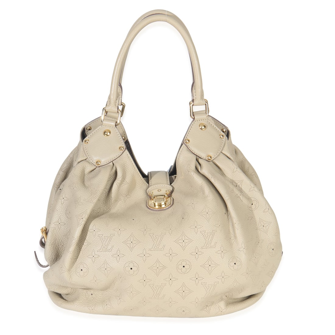 Louis Vuitton Mahina Hobo Beige Leather XL Dustbag: Louis Vuitton Mahina Hobo Beige Leather XL Dustbag This Louis Vuitton Mahina L Hobo bag features a beige monogram leather exterior with gold-tone hardware and a brown suede lining. Designed in France,