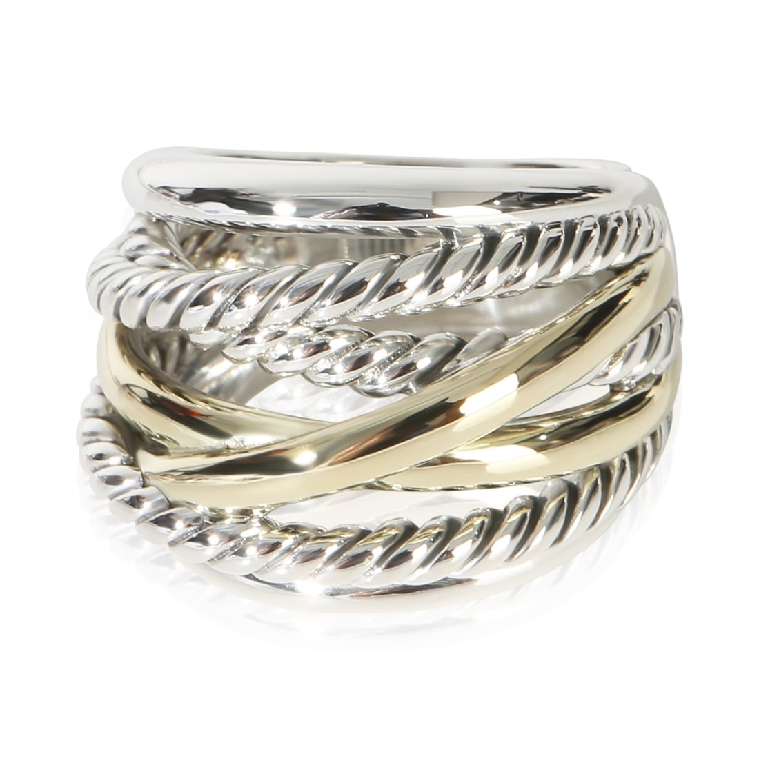 David Yurman Crossover 14k Gold Sterling Silver Ring Size 5.25: David Yurman Crossover 14k Gold Sterling Silver Ring Size 5.25 This David Yurman Crossover ring features a sophisticated blend of 14k yellow gold and sterling silver, creating a distinctive and elegan
