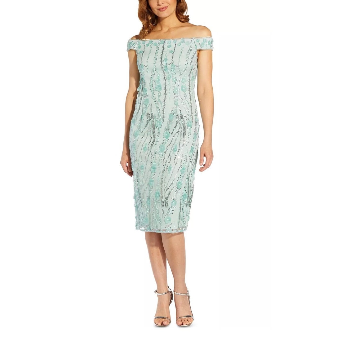 Adrianna Papell Petite Off-The-Shoulder Floral Sheath Dress 8P Sea Glass Aqua: Adrianna Papell Petite Off-The-Shoulder Floral Sheath Dress 8P Sea Glass Aqua Elevate your style at your next special occasion with this stunning Adrianna Papell petite off-the-shoulder sheath dress. 