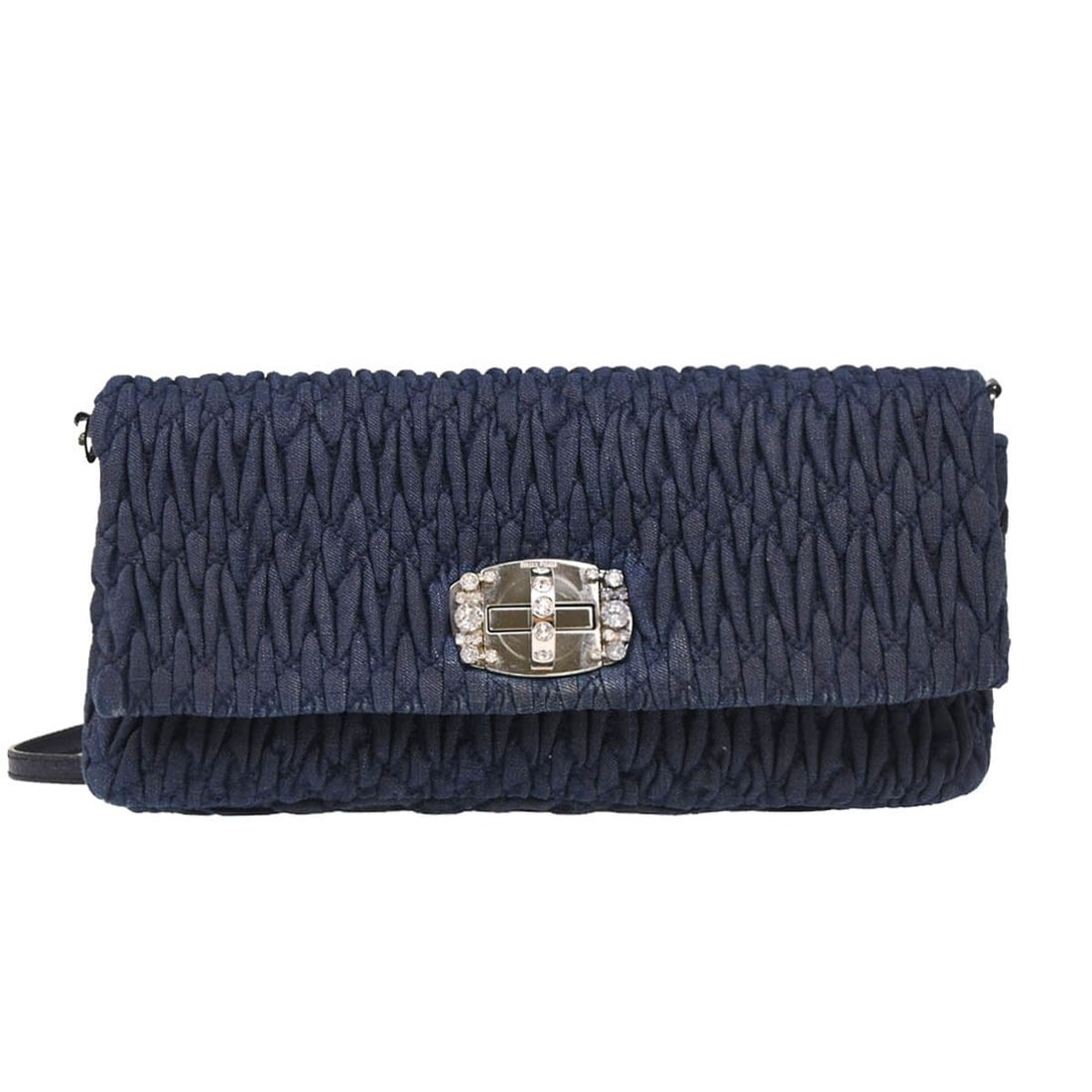 Miu Miu Matelasse Navy Denim Shoulder Bag: Miu Miu Matelasse Navy Denim Shoulder Bag This Miu Miu shoulder bag features a sophisticated navy denim exterior with a signature matelasse finish. Designed in a medium size, it offers both style and 