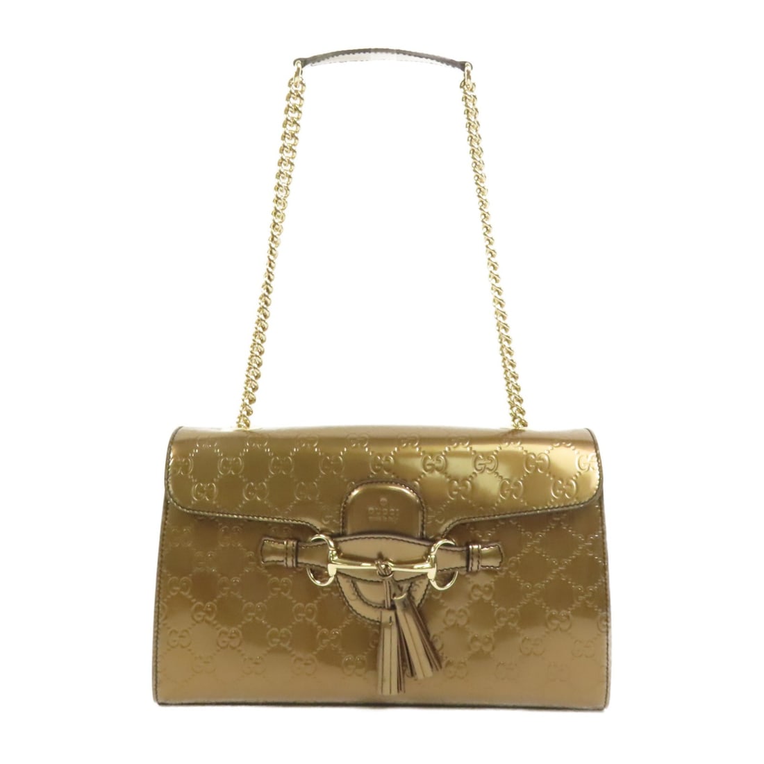 Gucci Emily Brown Patent Leather Shoulder Bag GG GHW: Gucci Emily Brown Patent Leather Shoulder Bag GG GHW This Gucci Emily shoulder bag is crafted from brown patent leather and features a structured silhouette. Designed for women, it offers a spacious i