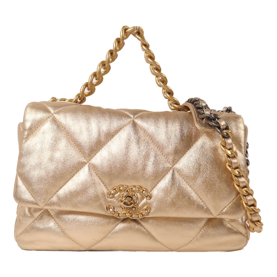 Chanel 19 Large Lambskin Gold Two Way Shoulder Bag with Chain Strap: Chanel 19 Large Lambskin Gold Two Way Shoulder Bag with Chain Strap This CHANEL CC 19 Large 2 Way Chain Shoulder Bag is crafted from lambskin leather in a gold finish. Featuring a versatile design, it