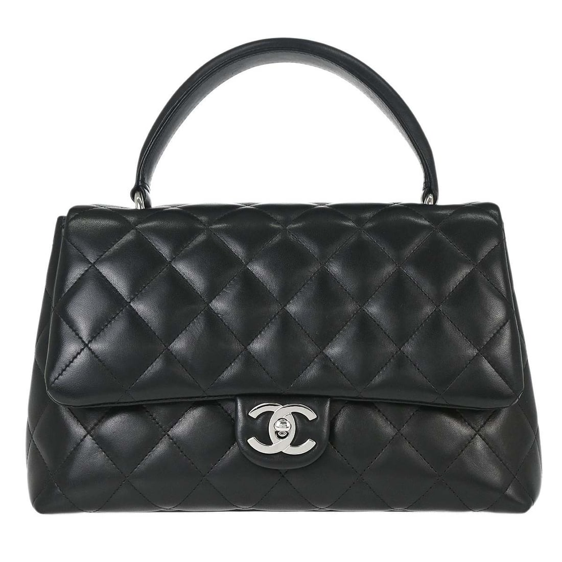 CHANEL Classic Flap Black Lambskin Top Handle Bag: CHANEL Classic Flap Black Lambskin Top Handle Bag This Chanel Classic Flap top handle handbag features luxurious black lambskin leather with a matching black lambskin lining. The bag is designed with 