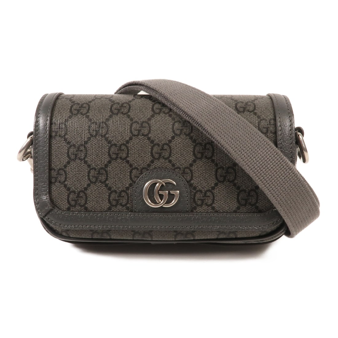 Gucci Ophidia Mini gray PVC coated canvas shoulder bag: Gucci Ophidia Mini gray PVC coated canvas shoulder bag This GUCCI Ophidia Mini Shoulder Bag features a sleek gray PVC coated canvas exterior with silver hardware accents. Designed for women, the bag o