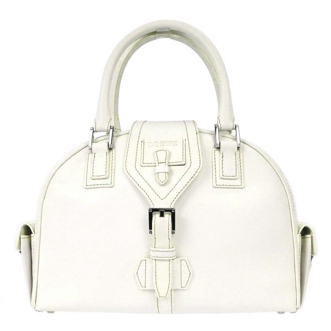 Loewe White Leather Mini Top Handle Bag: Loewe White Leather Mini Top Handle Bag This Loewe Traveler Mini Bowling Bag is crafted from white leather and features double handles with a 4-inch drop. Designed in a compact mini size, it includes 