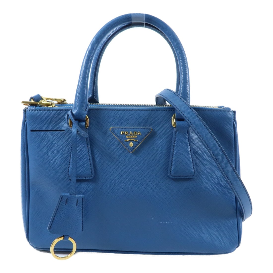 Prada Blue Saffiano Leather Galleria Shoulder Bag with Gold Hardware: Prada Blue Saffiano Leather Galleria Shoulder Bag with Gold Hardware This Prada Galleria 2-way shoulder bag is crafted from blue calfskin Saffiano leather and features a versatile design suitable for 