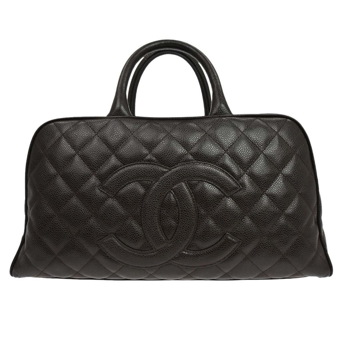 CHANEL Brown Caviar Skin Leather Top Handle Bag 37: CHANEL Brown Caviar Skin Leather Top Handle Bag 37 This Chanel bowling bag is crafted from brown caviar skin leather and features a spacious large size, making it suitable for casual occasions. The ba