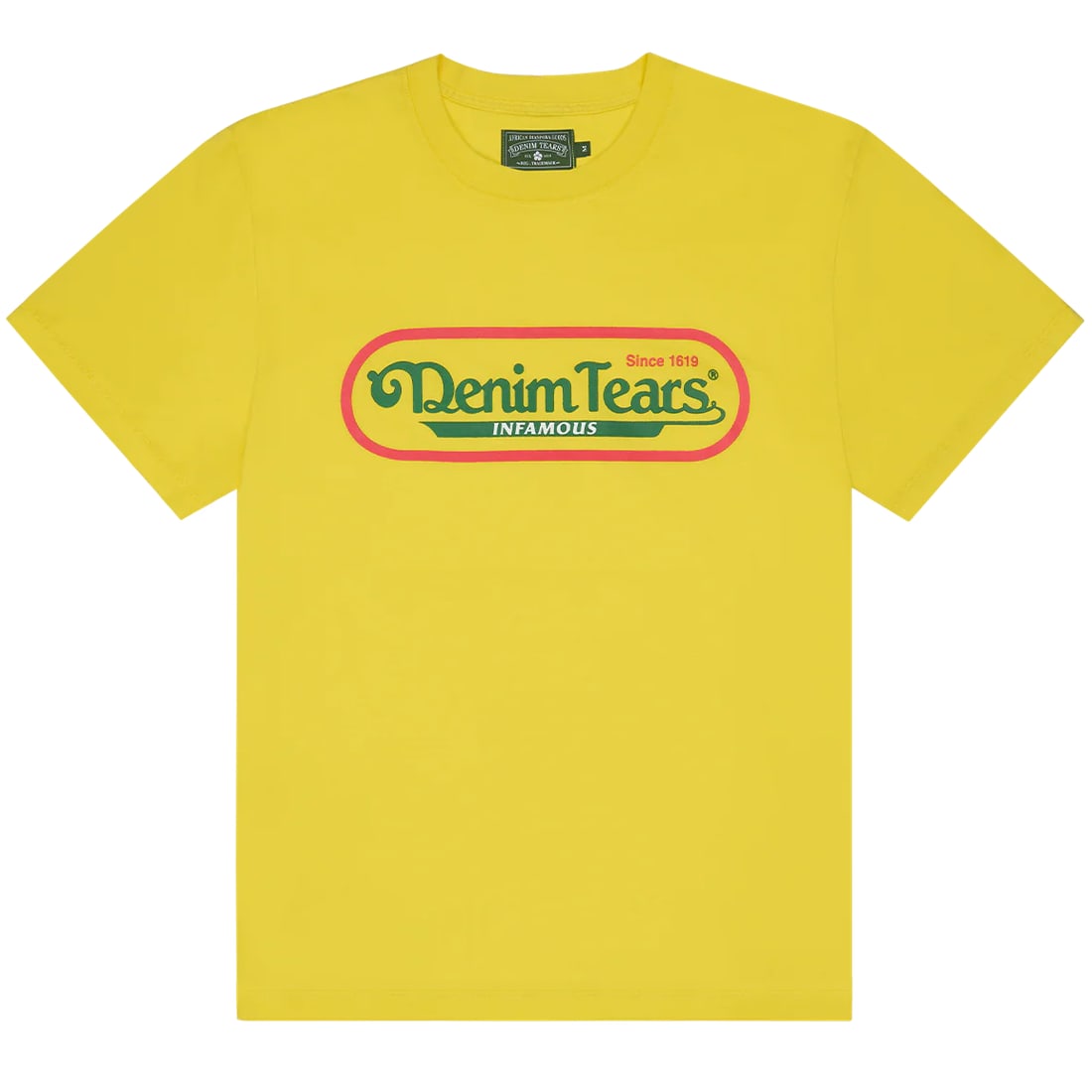 Yellow Cotton T-Shirt by Denim Tears Featuring Iconic Logo Size Small: Yellow Cotton T-Shirt by Denim Tears Featuring Iconic Logo Size Small The Denim Tears Infamous Yellow Tee is crafted from premium cotton and features a vibrant yellow color with the iconic Denim Tears