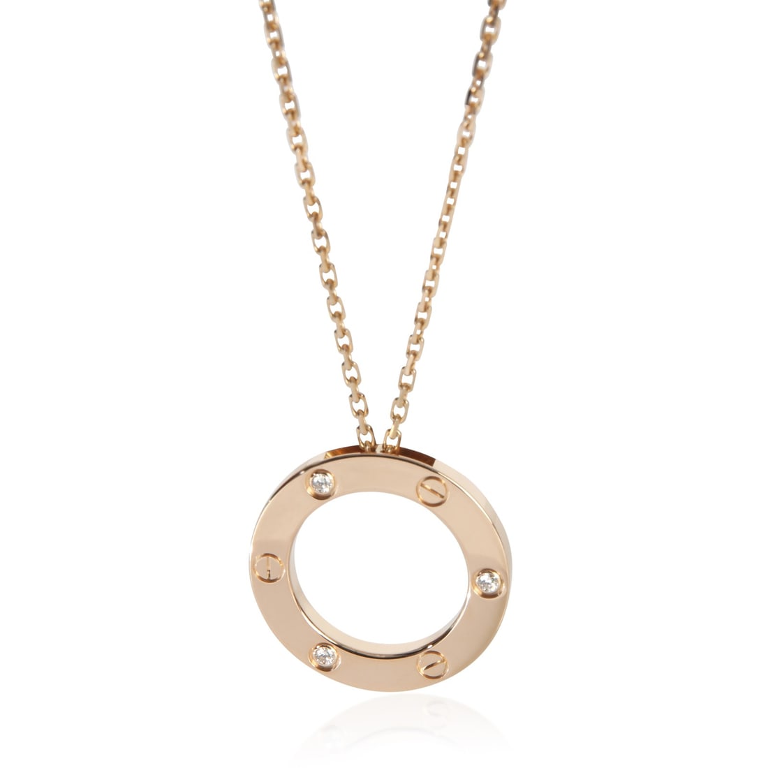 Cartier Love Rose Gold Diamond Pendant 18k 0.07 ct: Cartier Love Rose Gold Diamond Pendant 18k 0.07 ct This Cartier Love pendant is crafted from 18k rose gold and features a round brilliant white diamond with a total carat weight of 0.07. The pendant i