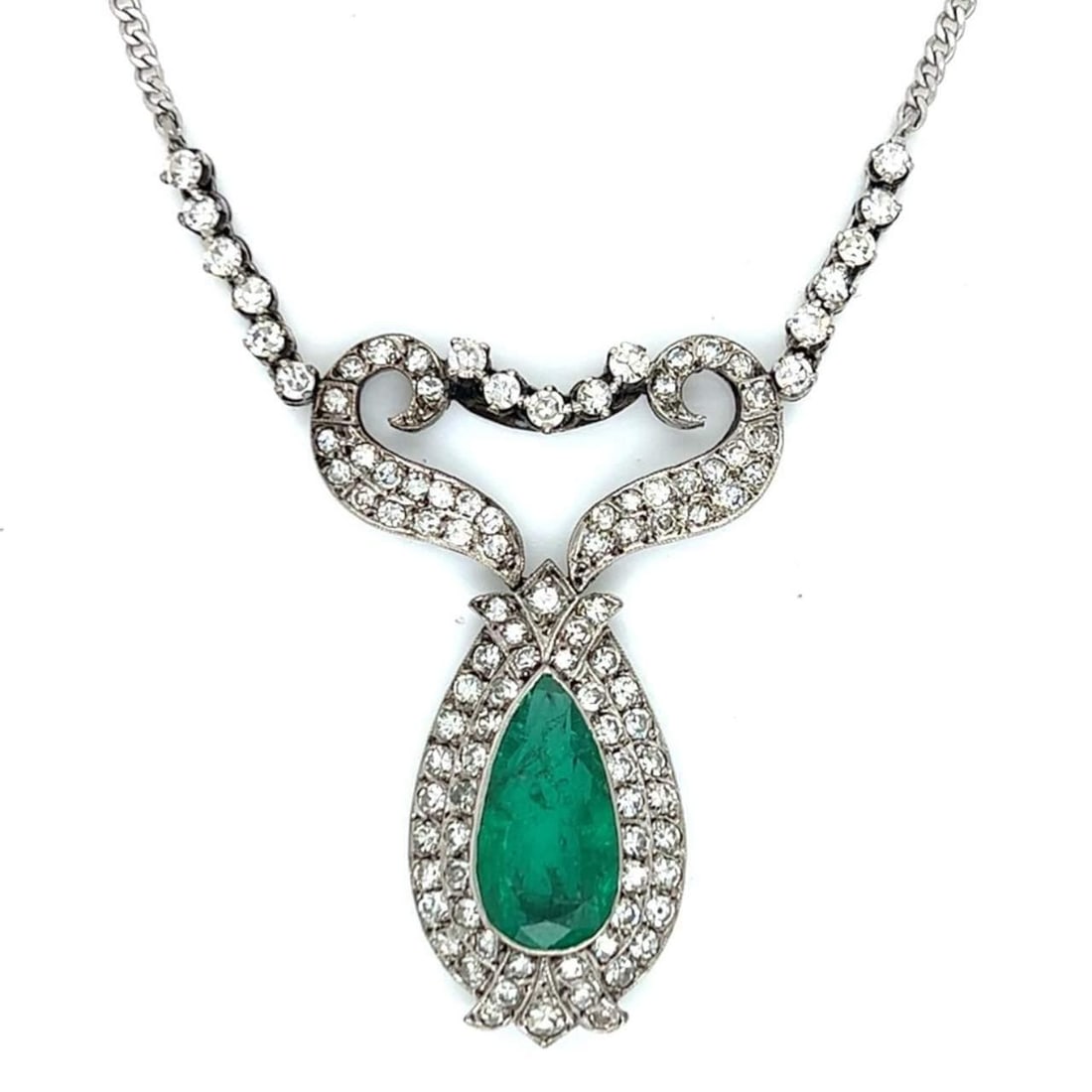 GIA Certified 18K White Gold Emerald Diamond Necklace 5.00 Ct 4.50 Ct: GIA Certified 18K White Gold Emerald Diamond Necklace 5.00 Ct 4.50 Ct This exquisite necklace features a stunning GIA Certified Colombian Emerald weighing approximately 5.00 Ct, set in luxurious 18K w