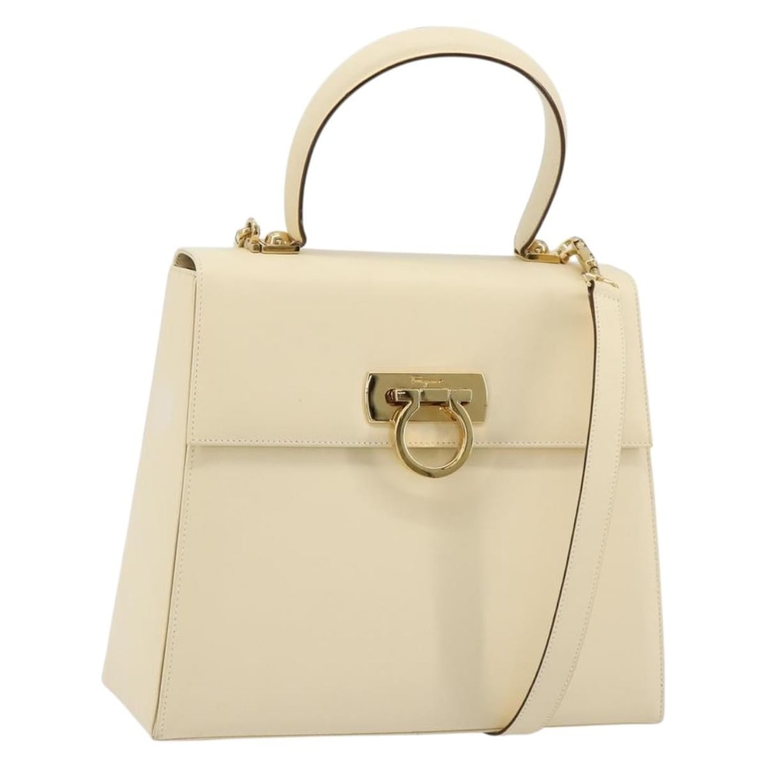 Salvatore Ferragamo Cream Gold Leather Gancini 2way Hand Bag: Salvatore Ferragamo Cream Gold Leather Gancini 2way Hand Bag This Salvatore Ferragamo Gancini handbag is crafted from cream and gold leather and offers versatile carrying options with both top handles