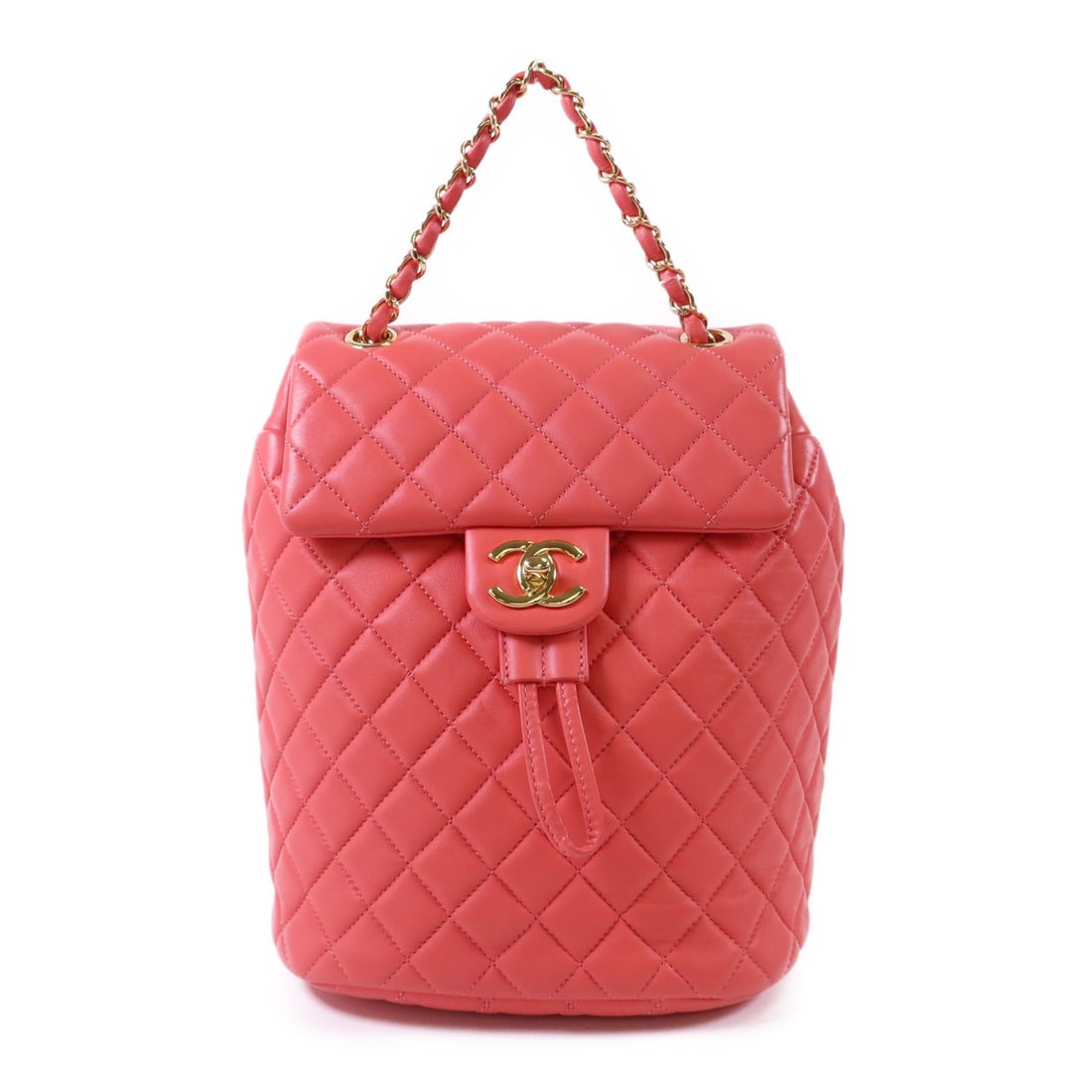 Pink Lambskin Chanel CC Backpack with Gold Tone Hardware: Pink Lambskin Chanel CC Backpack with Gold Tone Hardware This CHANEL rucksack backpack is crafted from pink lambskin leather and features the iconic CC design. The bag is in very good condition and wa