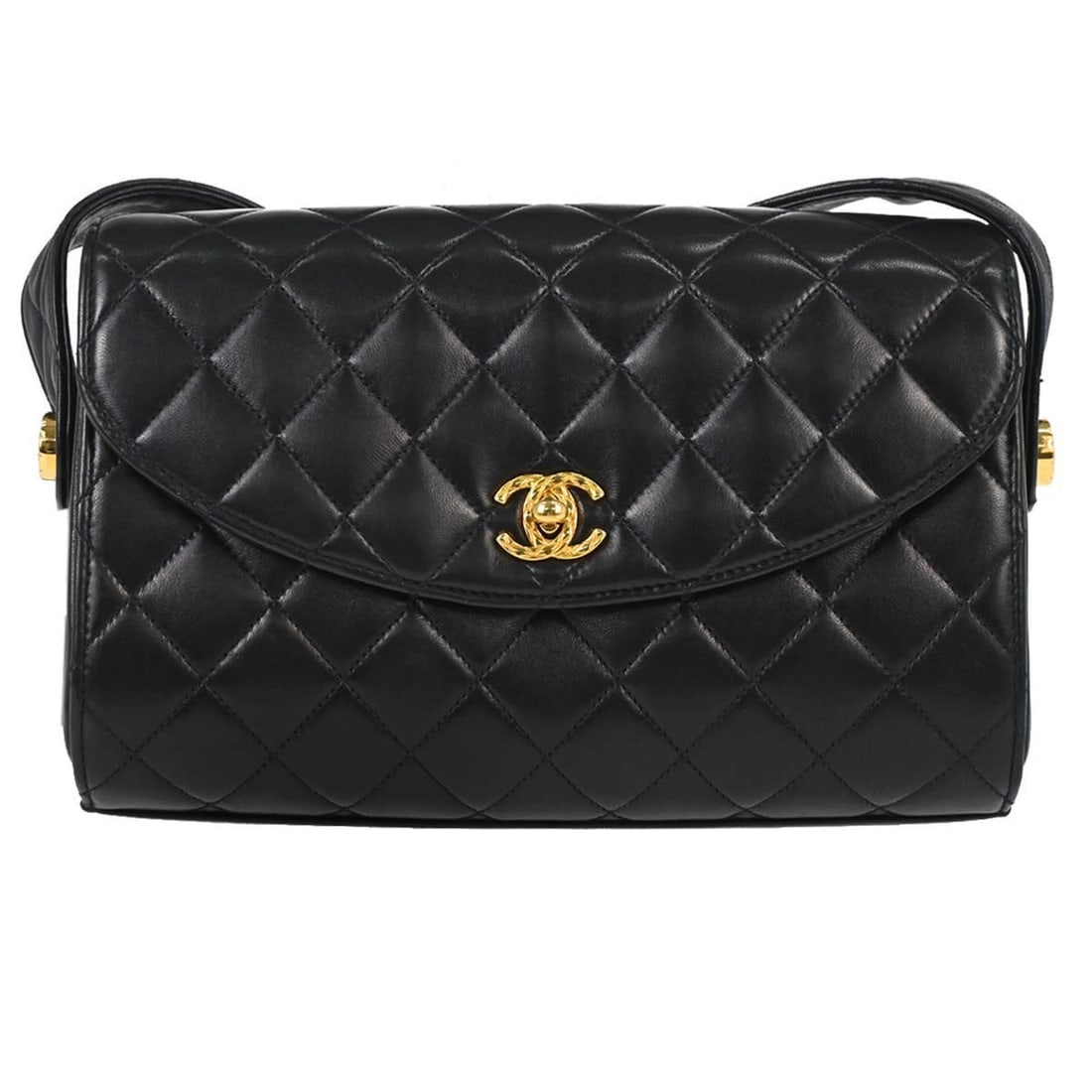 CHANEL Lambskin Chain Strap Shoulder Bag Black Gold Turn Lock: CHANEL Lambskin Chain Strap Shoulder Bag Black Gold Turn Lock This Chanel shoulder bag is crafted from luxurious black lambskin leather and features a gold-tone turn lock closure. Designed with a clas