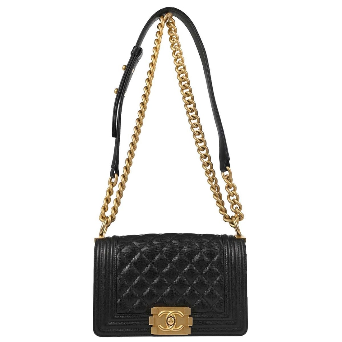 CHANEL Boy Black Calfskin Mini Chain Strap Shoulder Bag: CHANEL Boy Black Calfskin Mini Chain Strap Shoulder Bag This Boy Chanel small chain shoulder bag is crafted from black calfskin leather with a classic flap and clasp closure. It features a chain shoul