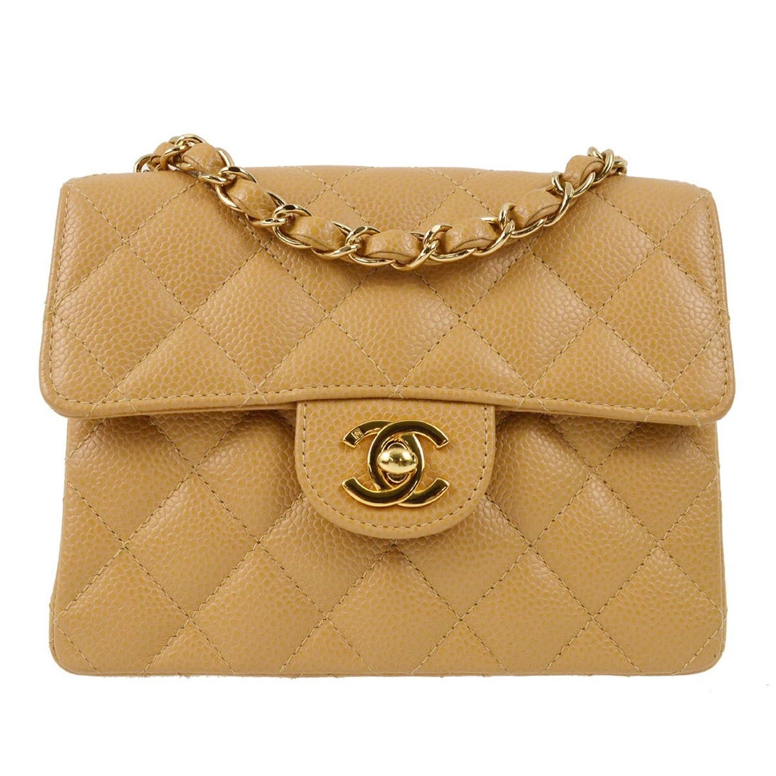 Chanel Classic Single Flap Mini Beige Caviar Leather Shoulder Bag: Chanel Classic Single Flap Mini Beige Caviar Leather Shoulder Bag This Chanel Mini Classic Square Flap Shoulder Bag is crafted from beige caviar skin leather and features a compact silhouette. The bag