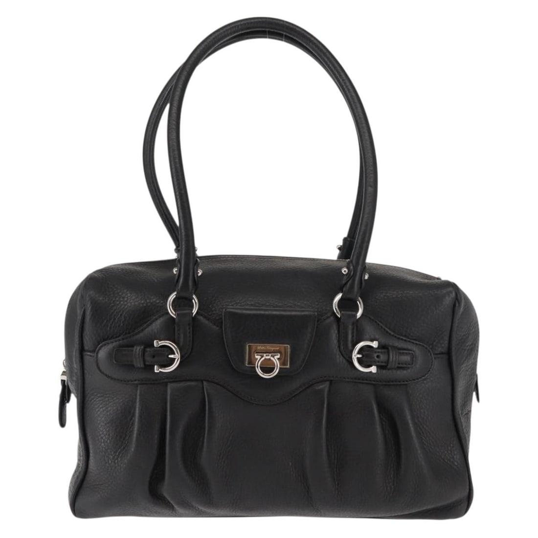 Leather Shoulder Bag by Salvatore Ferragamo with Gancini Buckle: Leather Shoulder Bag by Salvatore Ferragamo with Gancini Buckle This pre-owned Salvatore Ferragamo Gancini Buckle shoulder bag features black leather construction with a signature buckle detail. Desig
