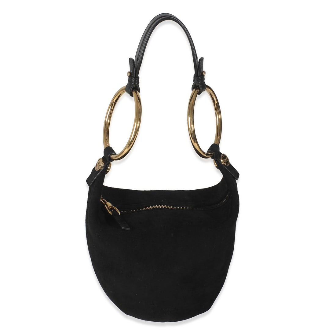 Chloe Small Black Suede Bracelet Bucket Bag with Gold-Tone Hardware: Chloe Small Black Suede Bracelet Bucket Bag with Gold-Tone Hardware This Chloe Small Bracelet Bag features black suede exterior with gold-tone hardware and a zip-top closure. The bucket bag design is 