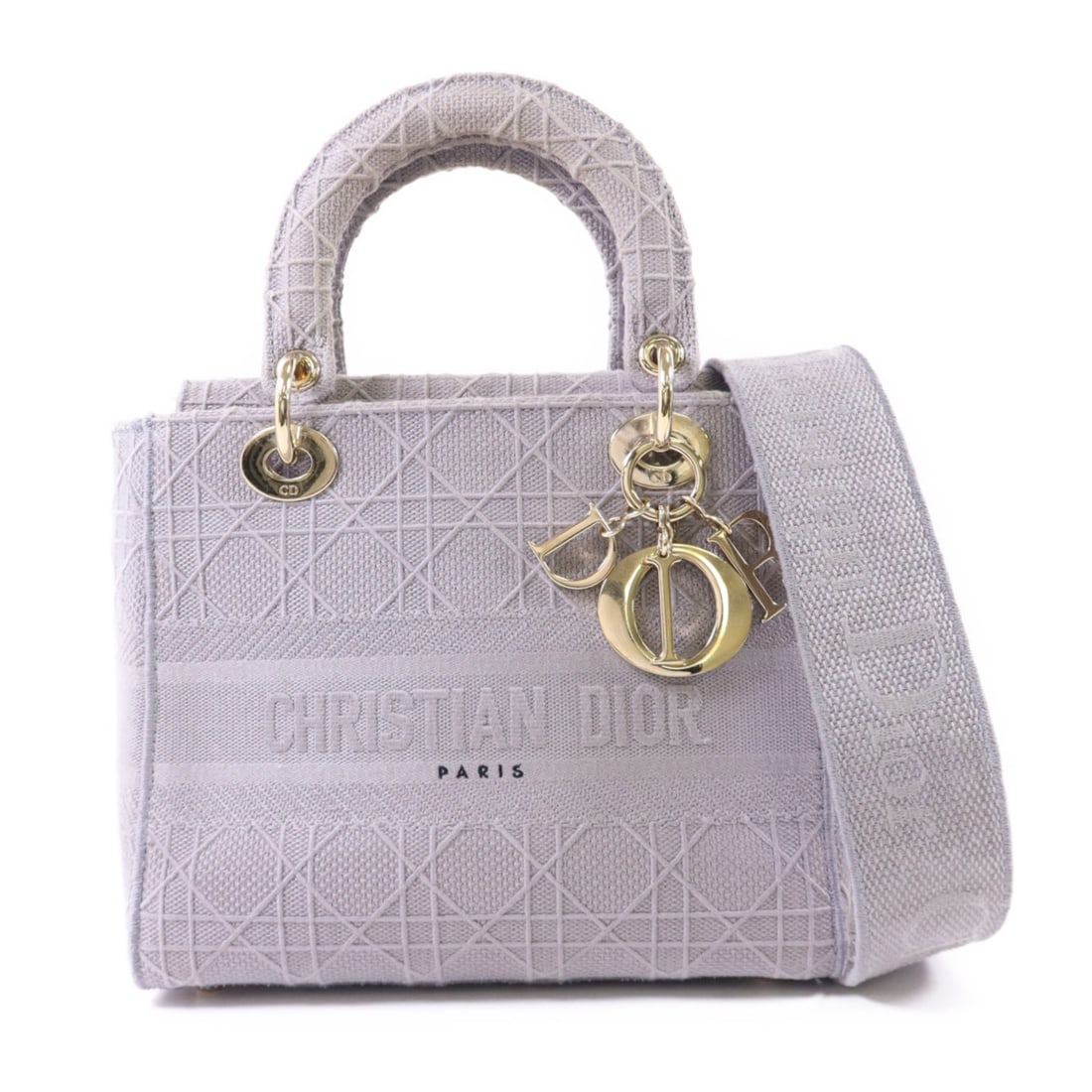 Dior Lady Dior gray canvas 2 way shoulder bag: Dior Lady Dior gray canvas 2 way shoulder bag This Christian Dior Lady Dior 2-way shoulder bag features a sophisticated gray canvas exterior, offering both style and versatility. Designed for women, i