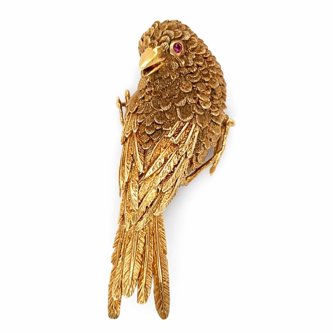 18K Yellow Gold Bird Pin from the 1960s 2.5 Inch: 18K Yellow Gold Bird Pin from the 1960s 2.5 Inch This 1960's brooch features a detailed bird design crafted in 18K yellow gold. It weighs 34.6 grams and measures 2.5 inches in length. The piece is pre