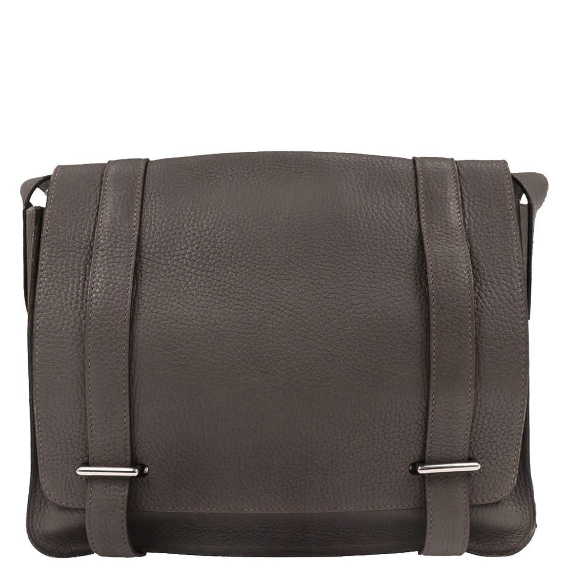Hermes Steve Caporal 27 Gray Leather Crossbody Bag: Hermes Steve Caporal 27 Gray Leather Crossbody Bag This Hermes Steve Caporal 27 shoulder bag is crafted in Etain gray Taurillon Clemence leather, offering a refined and versatile look. Designed with a