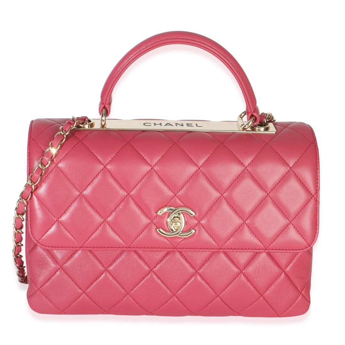 Chanel Medium Trendy CC Flap Pink Lambskin Top Handle Bag: Chanel Medium Trendy CC Flap Pink Lambskin Top Handle Bag This Chanel Medium Trendy CC Flap Dual Handle Bag features pink quilted lambskin leather with a gold-tone turnlock closure. The bag is designe