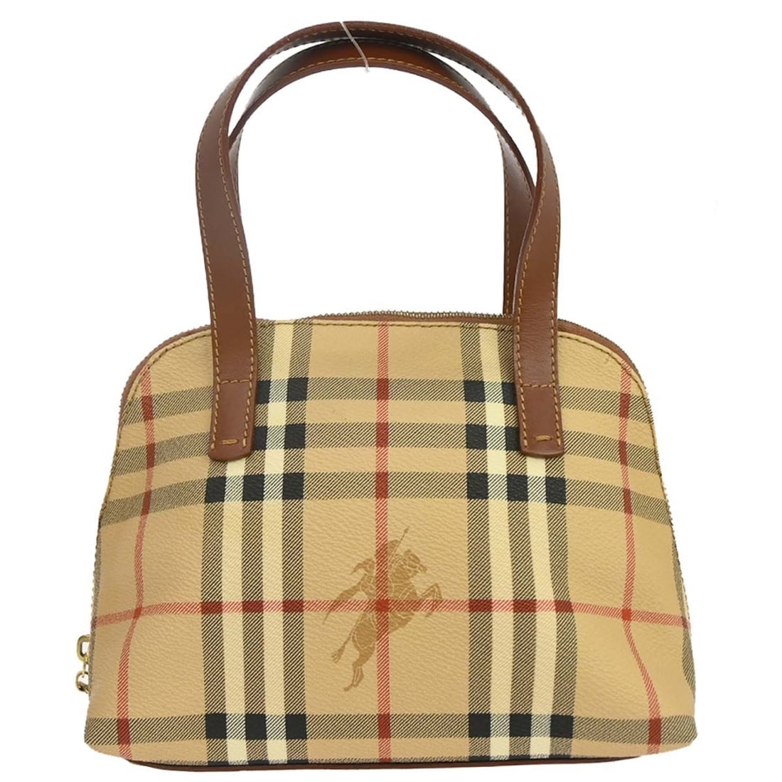 Burberry House Check Beige Leather Top Handle Bag: Burberry House Check Beige Leather Top Handle Bag This Burberry handbag features the iconic beige House Check pattern and is crafted from high-quality leather. Designed with a top handle for easy carr
